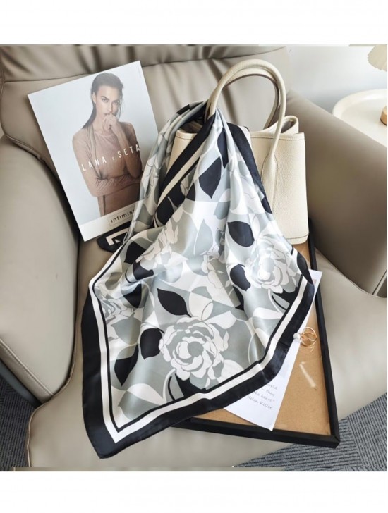 Silk Feeling Floral Patterned Square Scarf