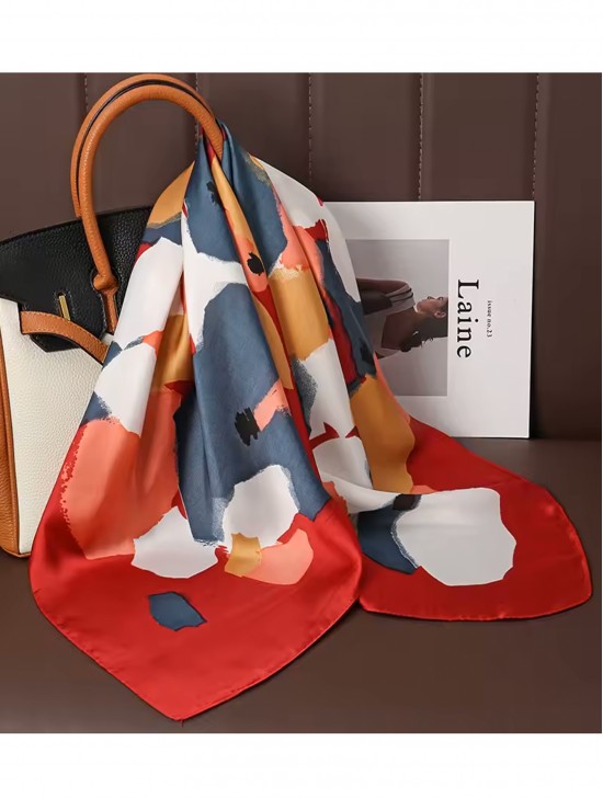 Silk Feeling Abstract Patterned Square Scarf