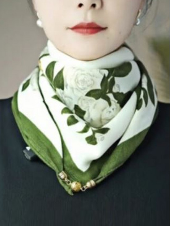 Silk Feeling Patterned Square Scarf W/ Magnetic Link