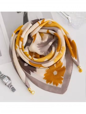 Silk Feeling Patterned Square Scarf W/ Magnetic Link