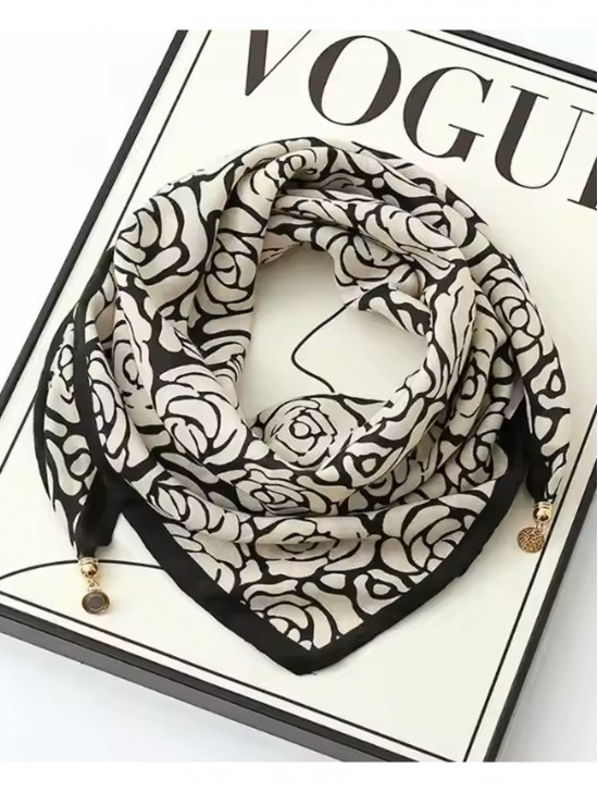 Silk Feeling Patterned Square Scarf W/ Magnetic Link