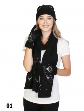 Fashion Knitted Set W/ Moose Detail (Scarf, Hat, Gloves)