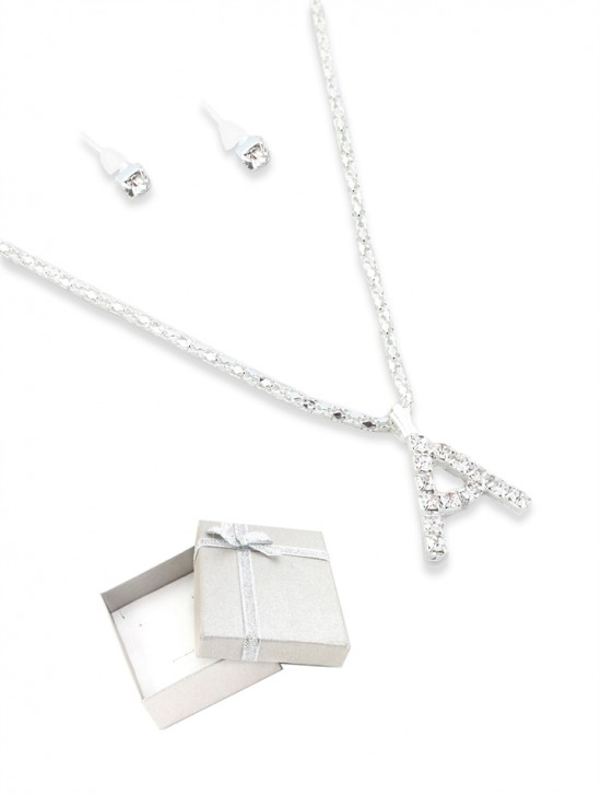 INITIAL RHINESTONE NECKLACE AND EARRING SET