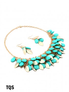 TWO TONE BEAD AND LEAF DESIGN NECKLACE WITH EARRING SET