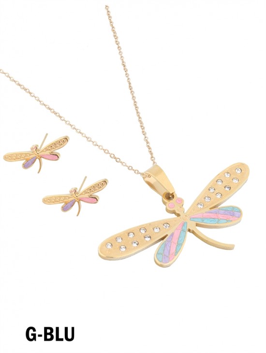 DRAGONFLY STAINLESS STEEL NECKLACE EARRING SET