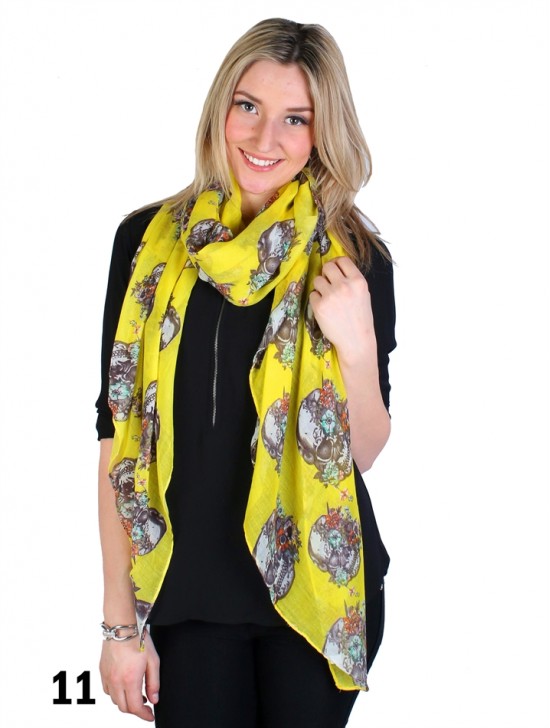 LINEN SCARF, FLOWERS ON SKULLS SCARF