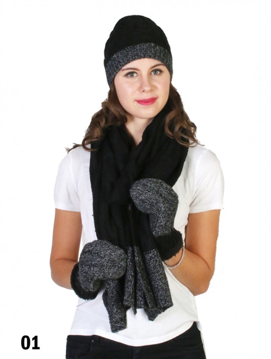 Fashion Two Tone Knitted Set (Scarf, Hat, Gloves)
