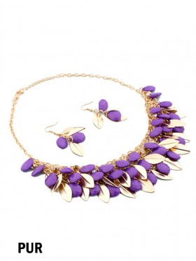 TWO TONE BEAD AND LEAF DESIGN NECKLACE WITH EARRING SET