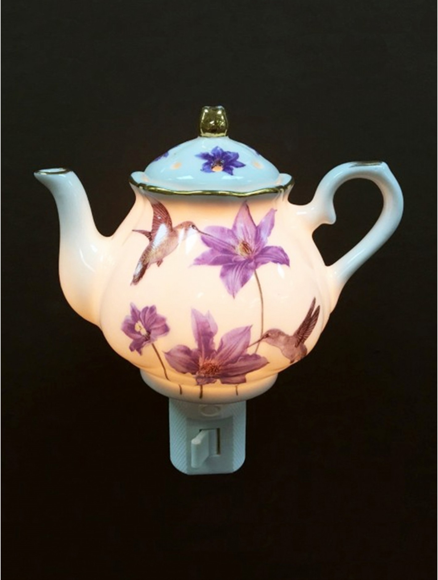 Porcelain Hummingbird on Teapot Night Light with Gift Box