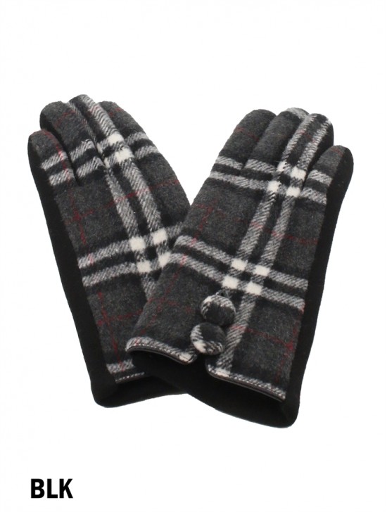Double Buttoned Plaid Touch Screen Glove