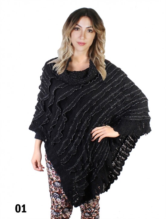 Pleated Lurex Poncho W/Cowl Neck