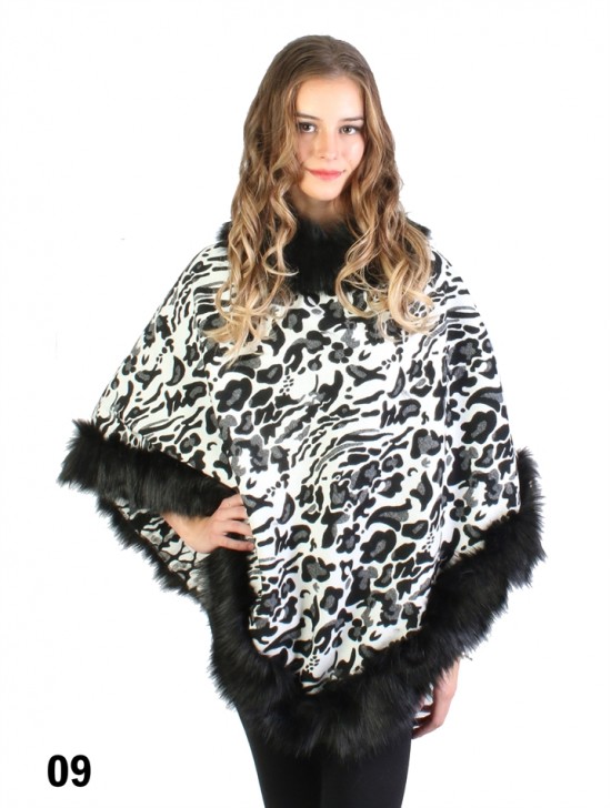 Black & White Leopard Print Poncho W/ Fur Collar & Edge