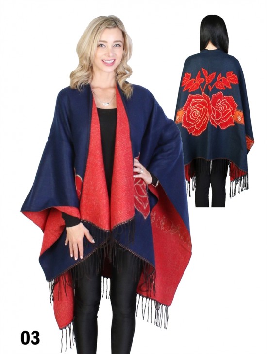 Rose Print Cape W/ Fringes