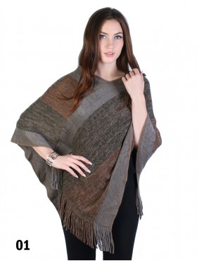 Speckled Striped Poncho W/Fringes