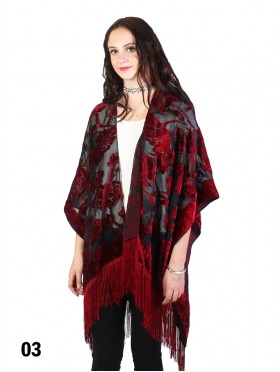 Sheer Velvet Rose Print Cape W/ Fringes