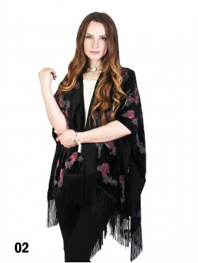 Velvet Floral Print Cape W/ Fringes