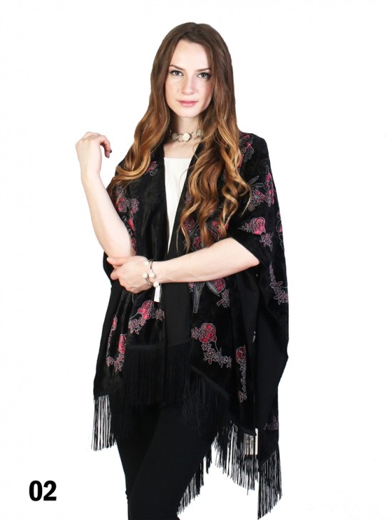 Velvet Floral Print Cape W/ Fringes