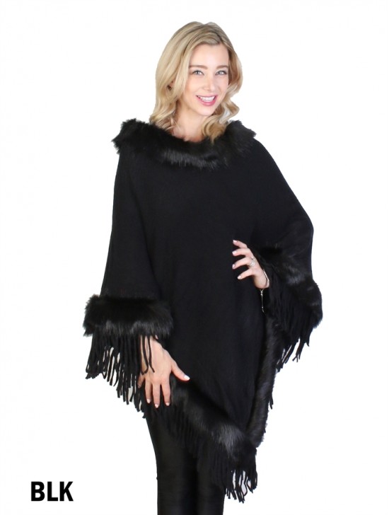 Cozy Poncho W/Fur Trim and Tassels