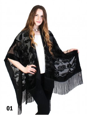 Sheer Velvet Rose Print Cape W/ Fringes