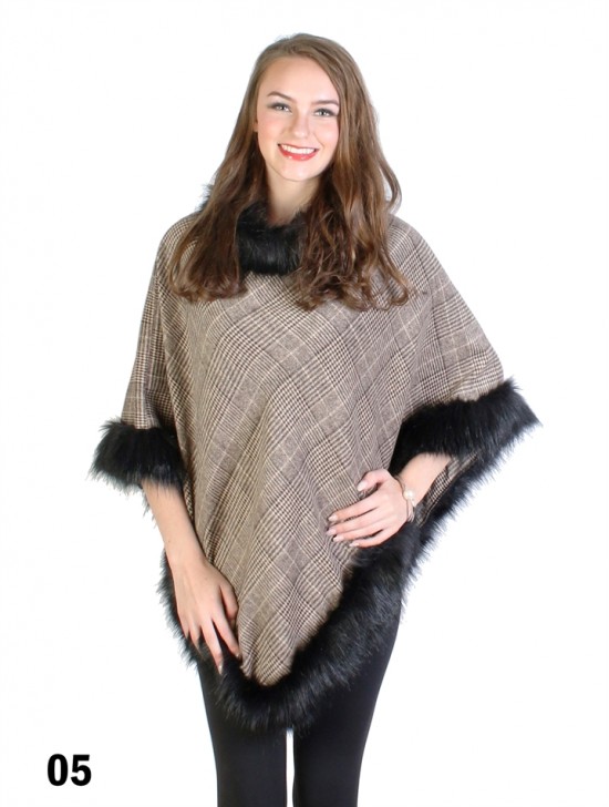 Checked Print Poncho W/ Fur Collar & Edge